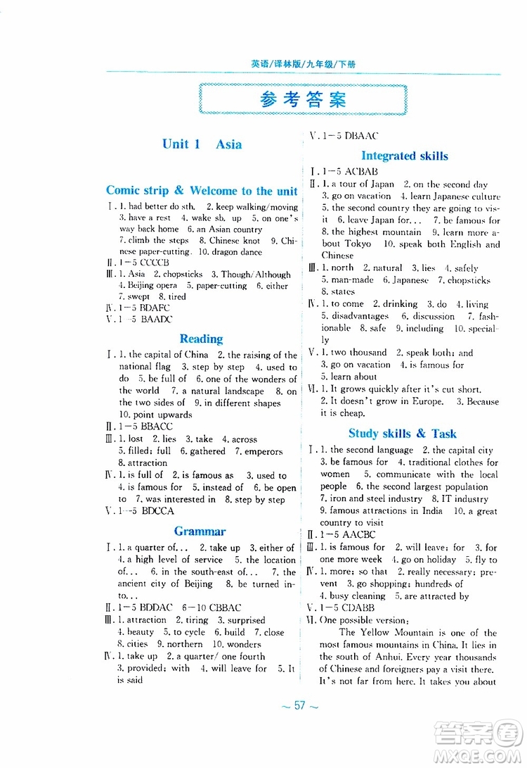 2019春安徽新編基礎(chǔ)訓(xùn)練九年級下冊英語譯林版參考答案