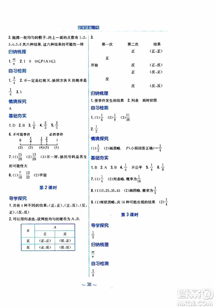 2019版新編基礎(chǔ)訓(xùn)練九年級數(shù)學(xué)下冊通用S版參考答案