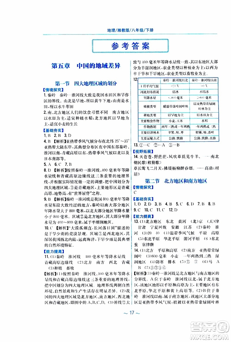 2019春安徽新編基礎(chǔ)訓(xùn)練八年級下冊地理湘教版參考答案