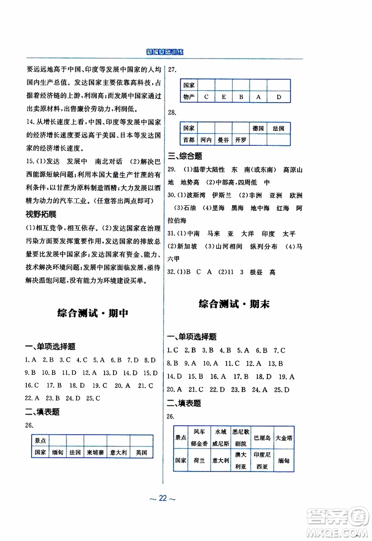 商務(wù)星球版2019春新編基礎(chǔ)訓(xùn)練七年級下冊地理參考答案