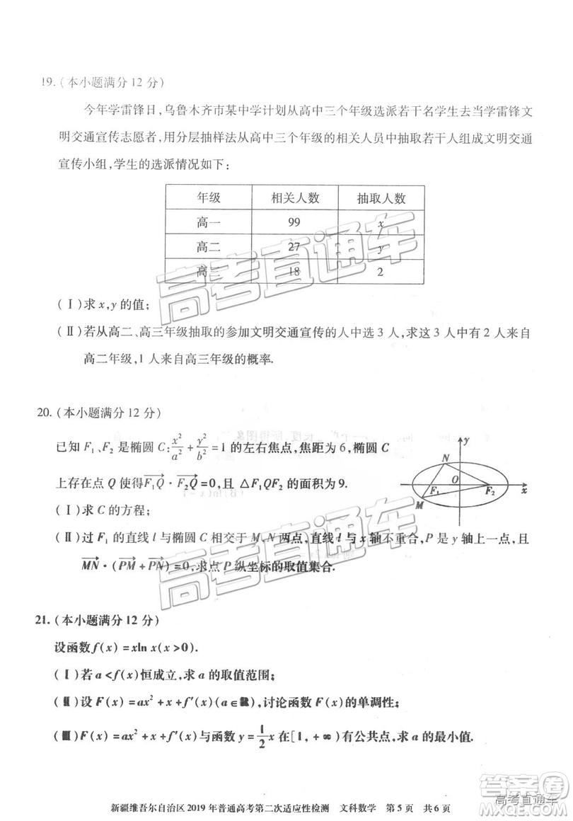 2019年新疆維吾爾自治區(qū)第二次適應(yīng)性檢測數(shù)學(xué)試題及參考答案