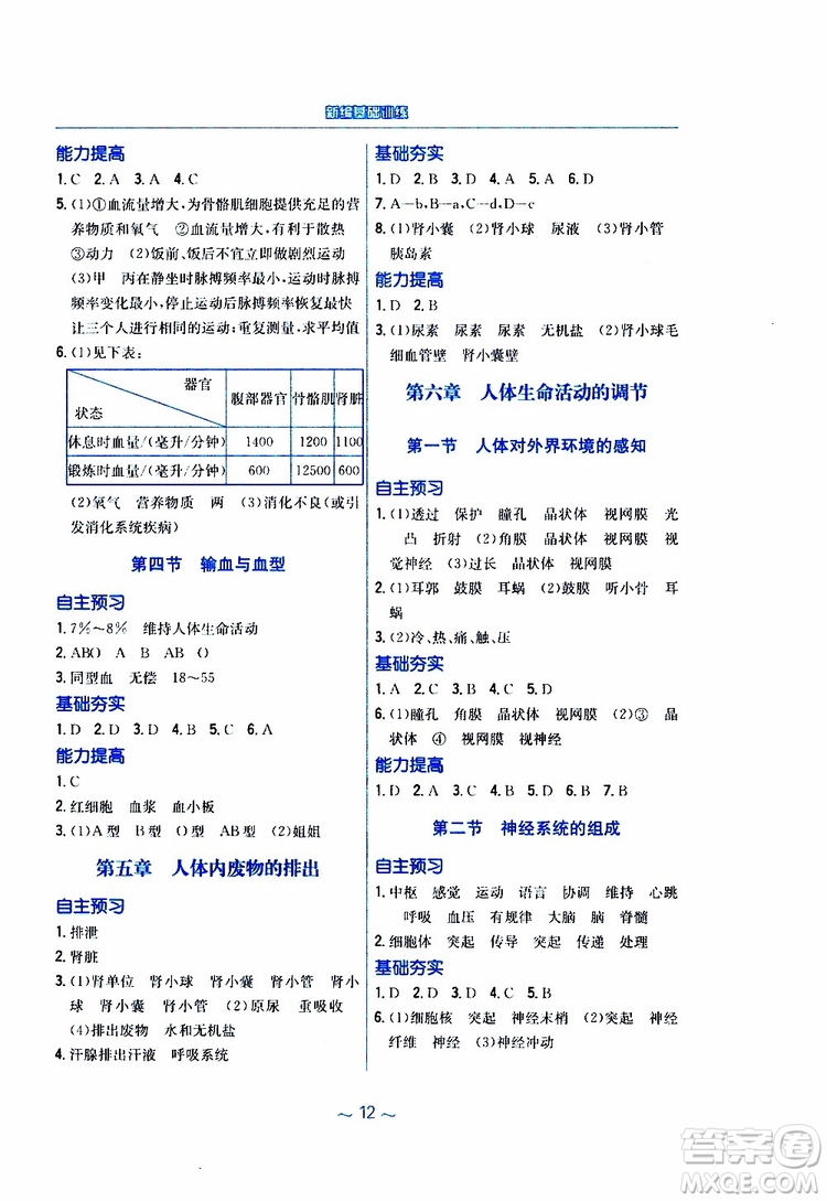 2019版新編基礎(chǔ)訓(xùn)練七年級生物學(xué)下冊RJ人教版9787533625634參考答案