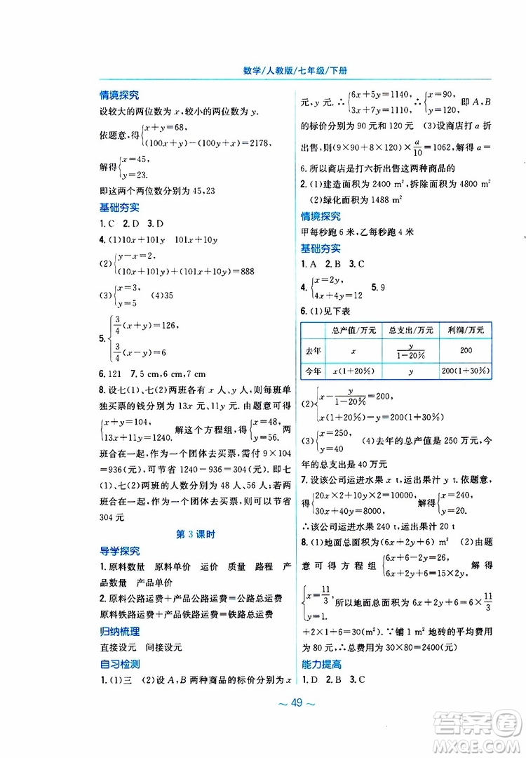 2019年新編基礎(chǔ)訓(xùn)練七年級(jí)數(shù)學(xué)人教版下冊(cè)9787533625542參考答案