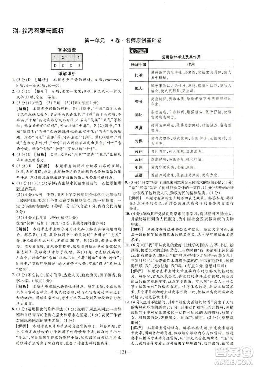 2019版金考卷RJ活頁題選名師名題單元雙測卷九年級下冊語文人教版答案