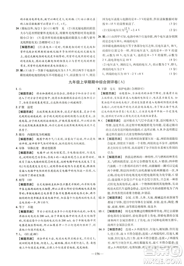 2019版人教版金考卷活頁題選九年級(jí)全一冊(cè)物理RJ名師名題單元雙測(cè)卷答案