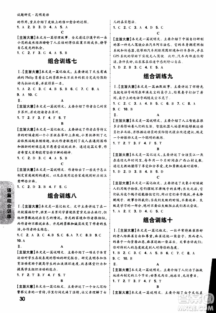 萬唯教育2019昆明萬維中考試題研究英語參考答案