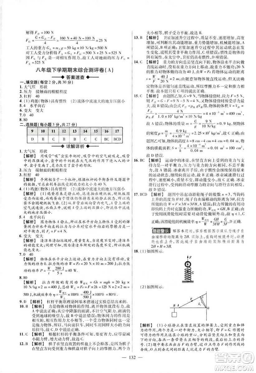 金考卷2019版人教版活頁(yè)題選八年級(jí)下物理RJ名師名題單元雙測(cè)卷答案