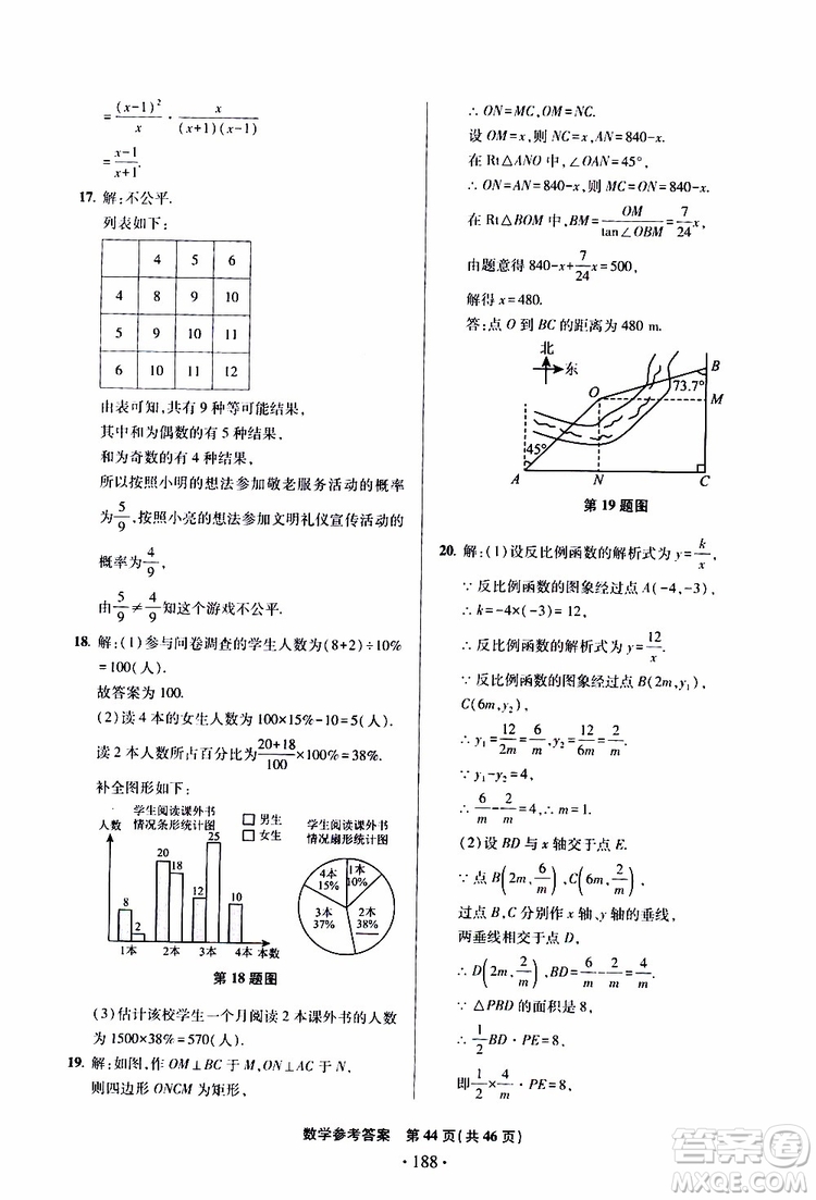 2019年一本必勝中考數(shù)學模擬試題銀版青島專版9787543608474參考答案