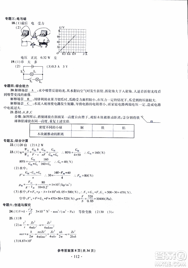 2019年一本必勝中考物理模擬試題參考答案