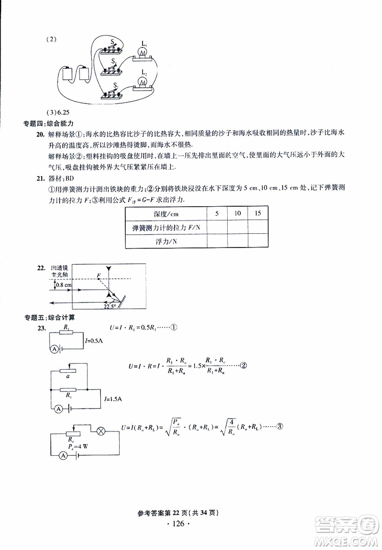 2019年一本必勝中考物理模擬試題參考答案