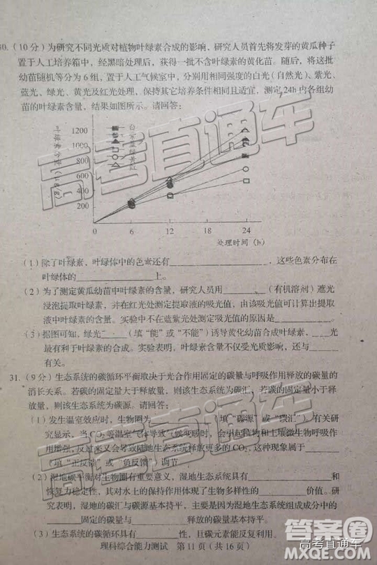 2019年長春三模理科綜合試題及參考答案