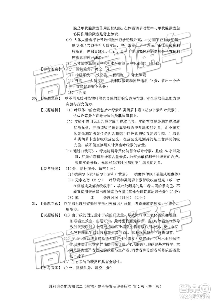 2019年長春三模理科綜合試題及參考答案