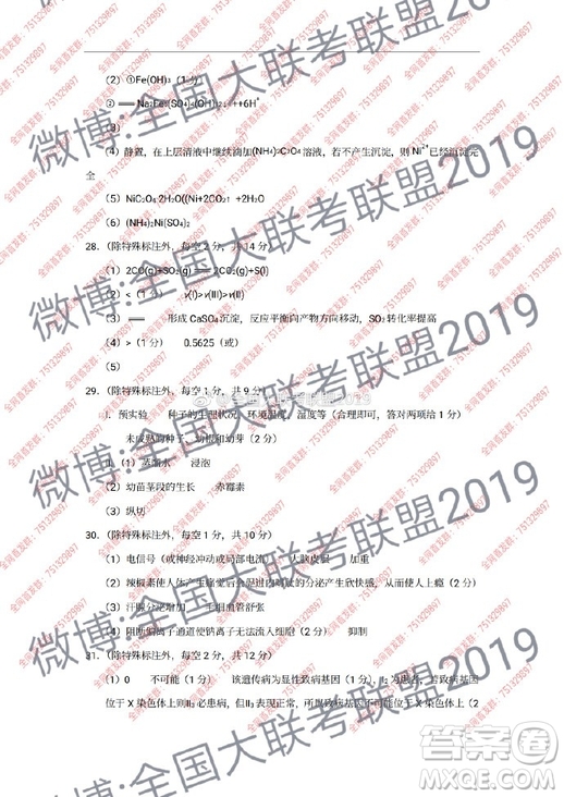 昆十中云天化2019屆高三復(fù)習(xí)備考聯(lián)合質(zhì)量檢測卷六文理綜試卷參考答案