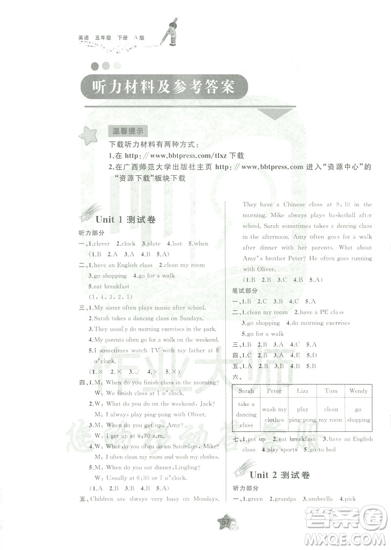 2019春人教版A版新課程學習與測評單元雙測五年級下冊英語答案