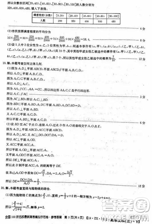 2019年全國100所名校最新高考模擬示范卷二、三、四、五、六文數(shù)答案