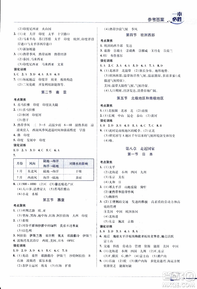 2019年一本必勝中考地理總復習金版青島專版參考答案