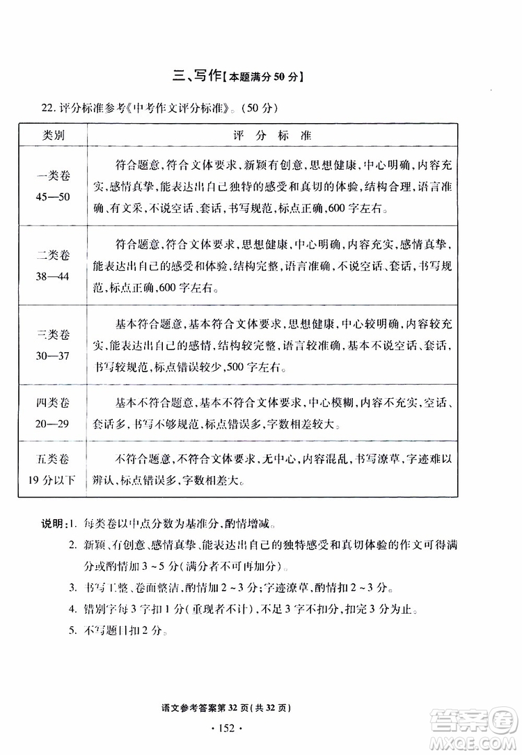 2019年一本必勝中考語文模擬試題銀版青島專版參考答案