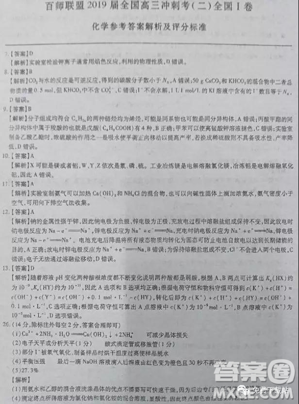 2019年百師聯(lián)盟全國高三沖刺考二全國Ⅰ卷試題理綜試卷及答案