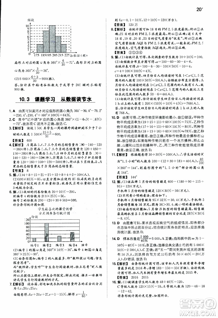 2019年一本初中數(shù)學(xué)七年級同步訓(xùn)練下冊人教版參考答案