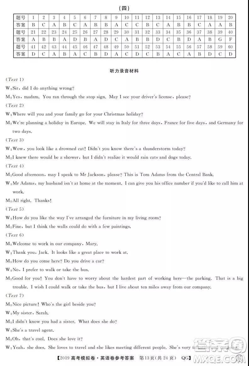 2019全國(guó)百所名校高考模擬調(diào)研卷英語(yǔ)一、二、三、四、五、六參考答案