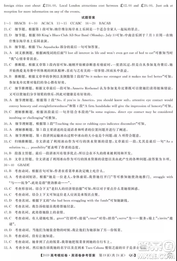 2019全國(guó)百所名校高考模擬調(diào)研卷英語(yǔ)一、二、三、四、五、六參考答案