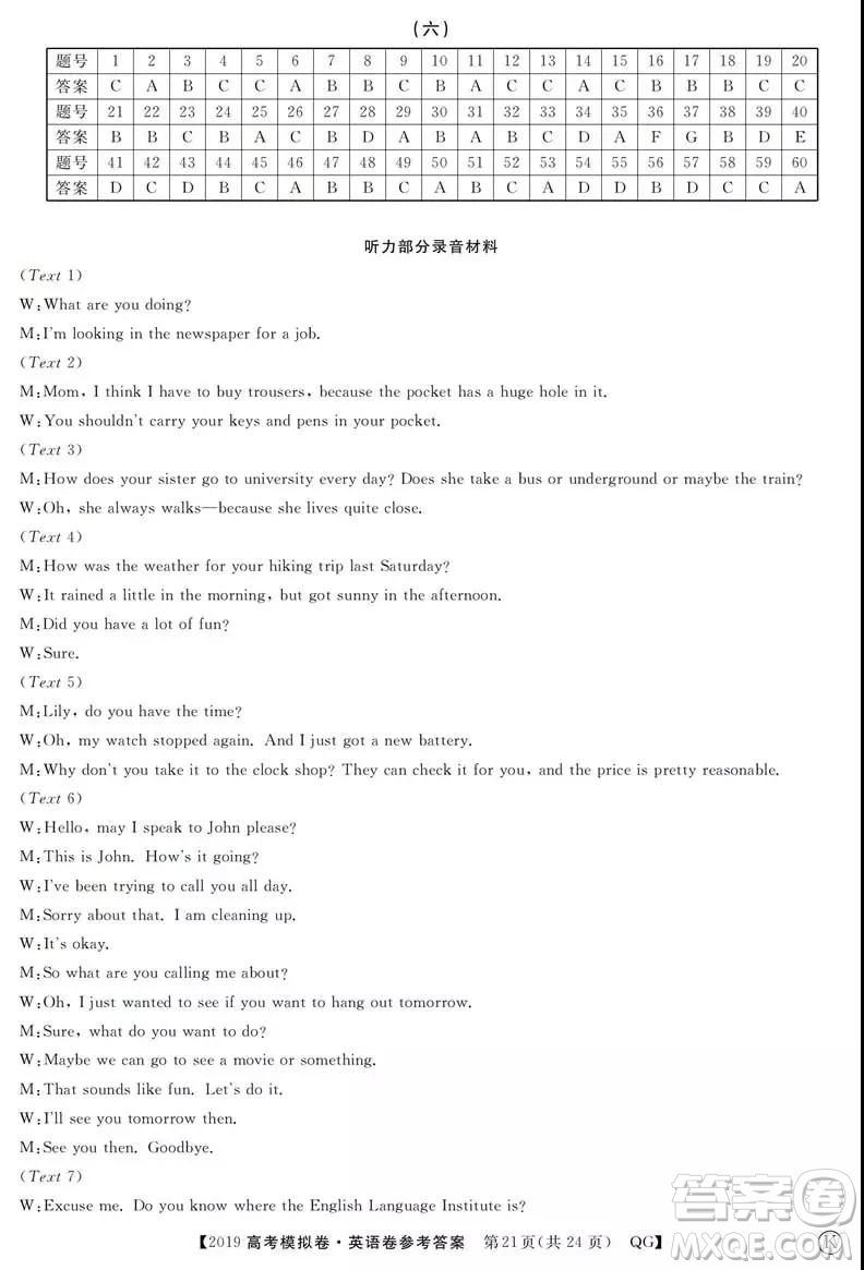 2019全國(guó)百所名校高考模擬調(diào)研卷英語(yǔ)一、二、三、四、五、六參考答案