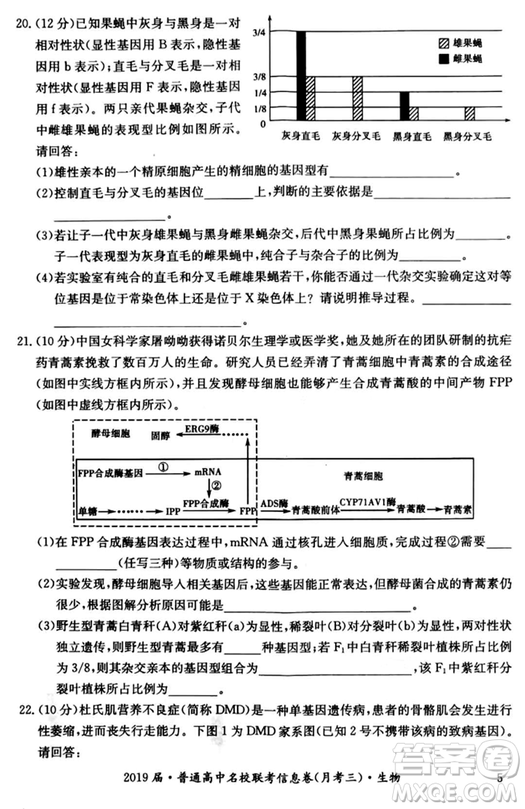 2019年普通高中名校聯(lián)考信息卷月考三試題文理綜答案