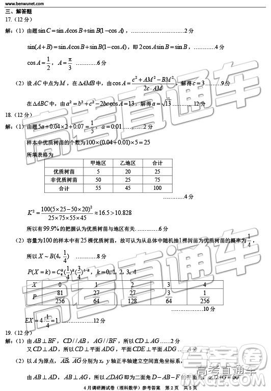 2019年重慶二診文理數(shù)參考答案