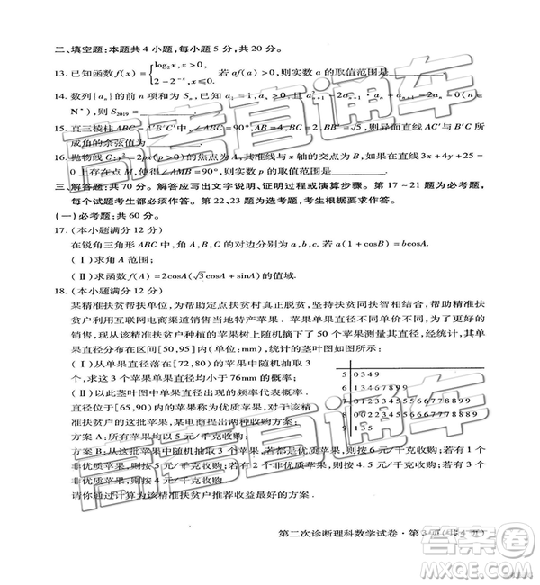 2019年甘肅二診文理數(shù)試題及參考答案