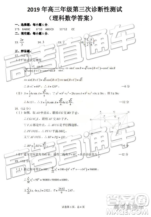 2019新疆高三年級(jí)第三次診斷性測(cè)試數(shù)學(xué)試題及參考答案