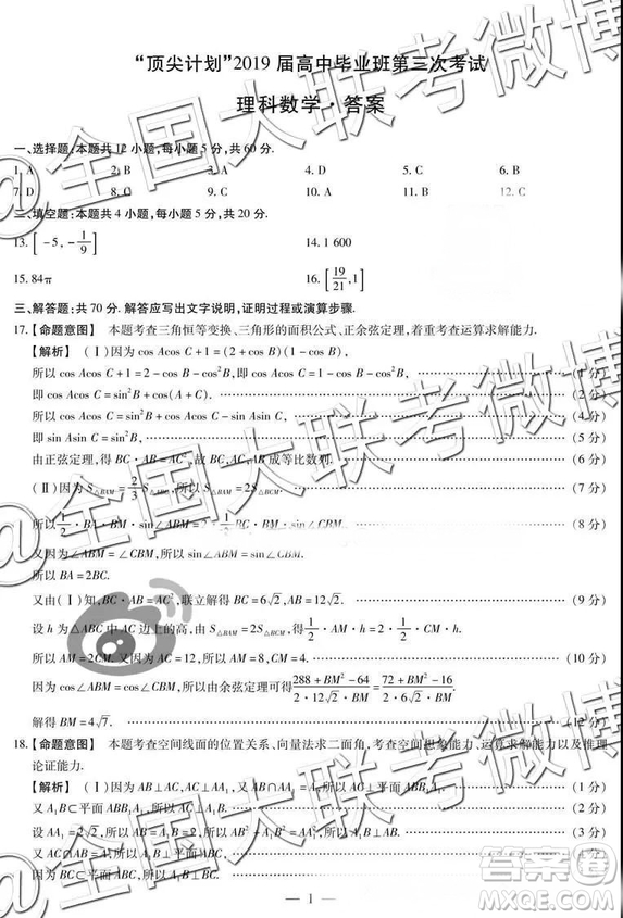 頂尖計(jì)劃2019屆高中畢業(yè)班第三次考試文理數(shù)參考答案