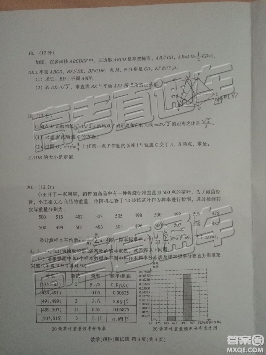 2019年韶關(guān)二模理數(shù)試題及參考答案