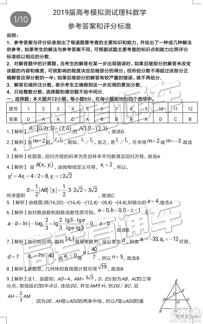 2019年韶關(guān)二模理數(shù)試題及參考答案