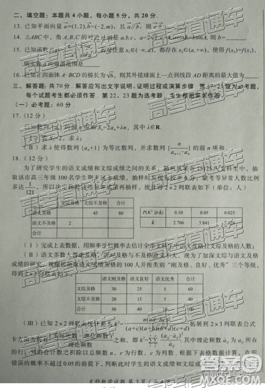 2019年燕博園高三綜合能力測試題CAT三文理數(shù)試題及參考答案