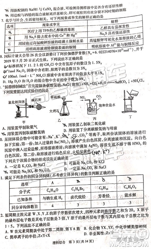 2019年寶雞三模文理綜試題及參考答案