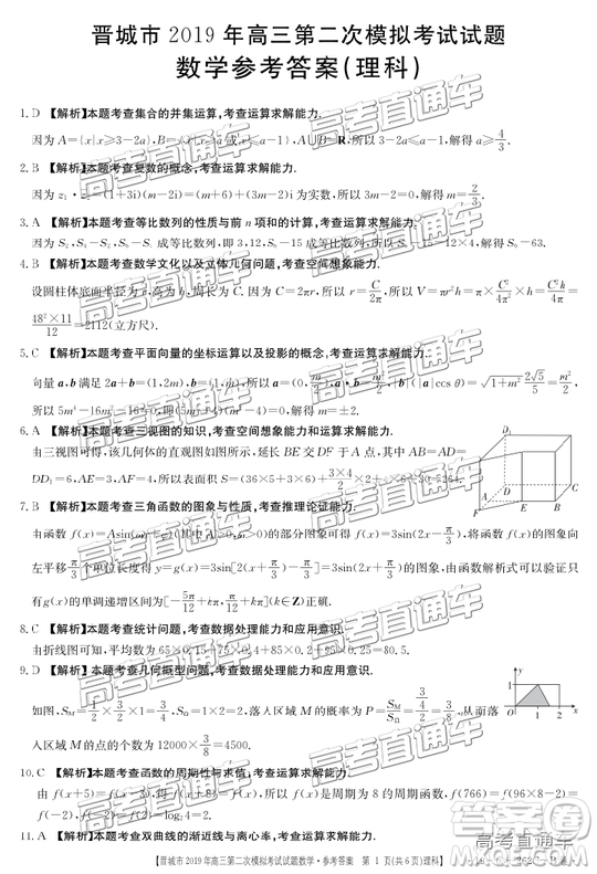 2019年晉城二模文理數(shù)試題及參考答案