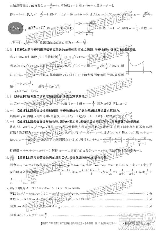 2019年晉城二模文理數(shù)試題及參考答案