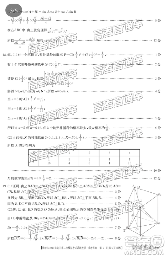 2019年晉城二模文理數(shù)試題及參考答案