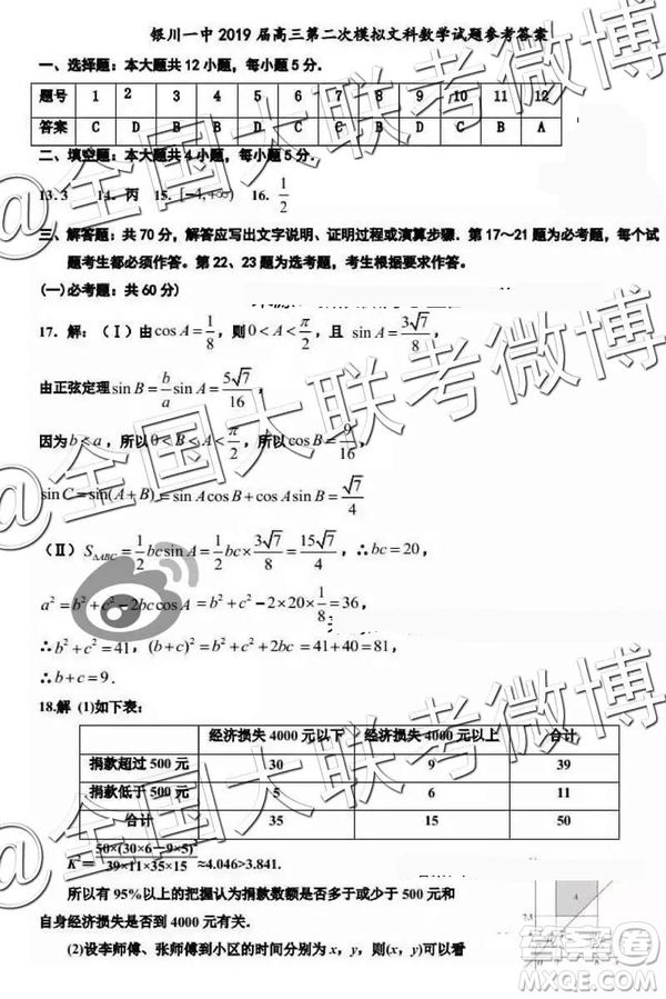 銀川一中2019屆高三第二次模擬考試文理數參考答案