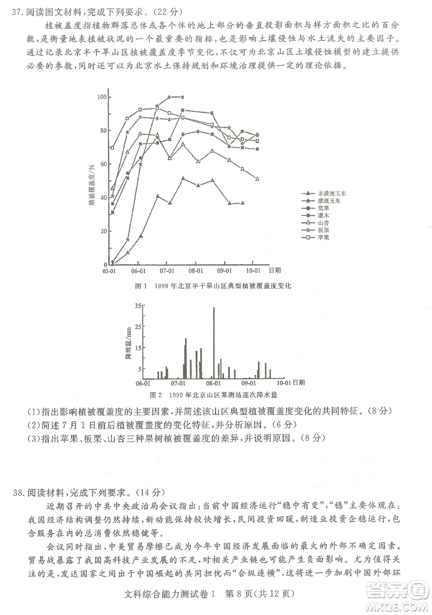 2019年普通高等學(xué)校招生全國統(tǒng)一考試押題卷一文綜答案