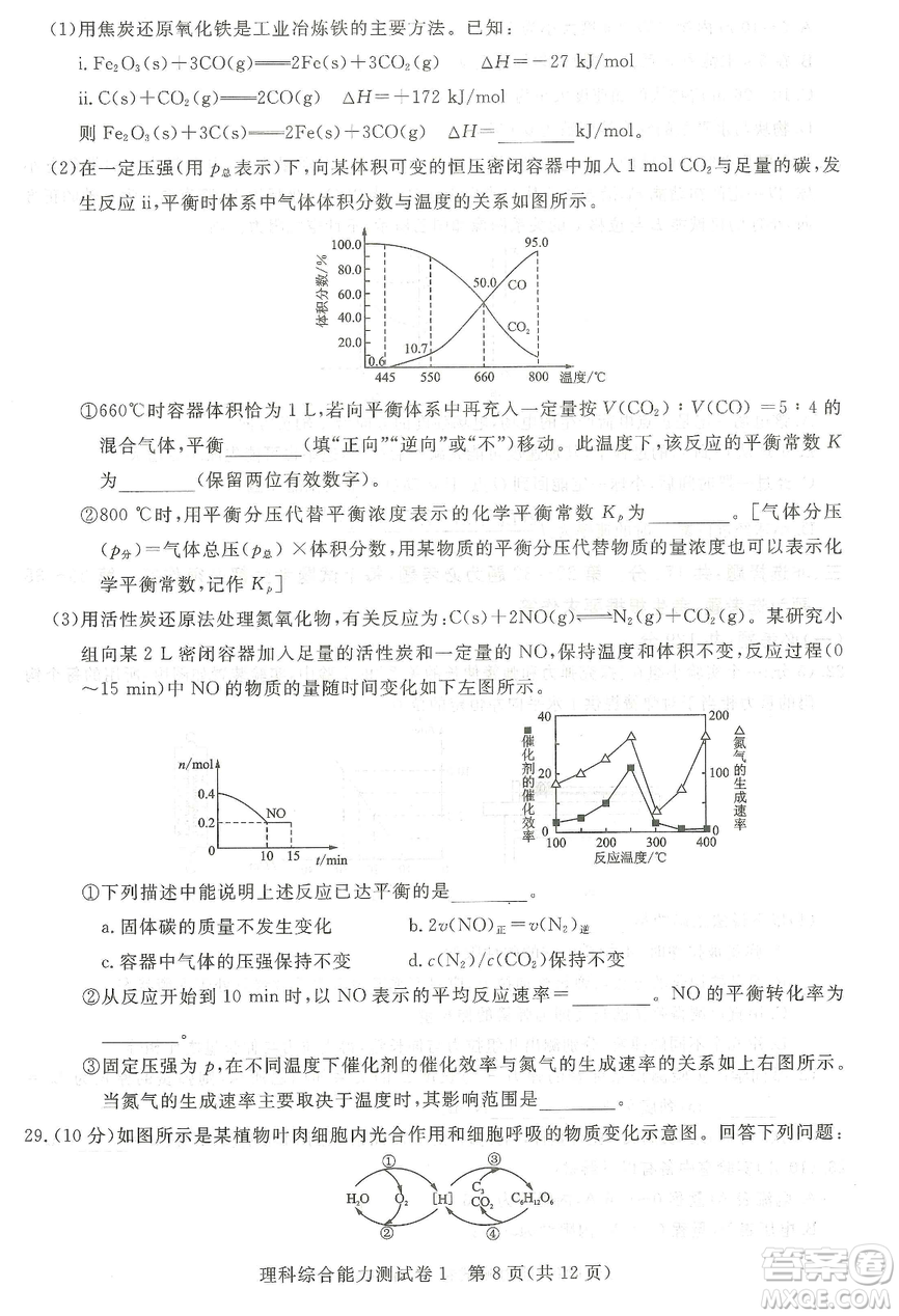 2019年普通高等學校招生全國統(tǒng)一考試押題卷一理科綜合答案