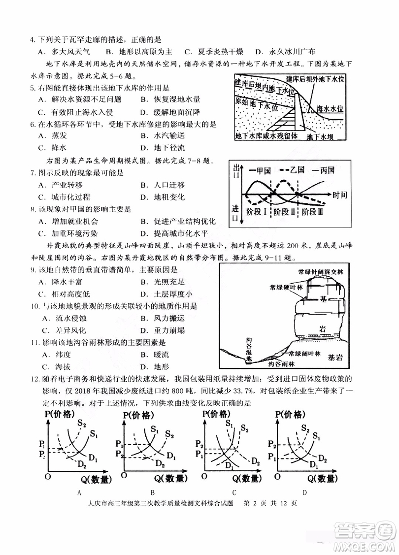 2019年大慶三模文科綜合試題及答案