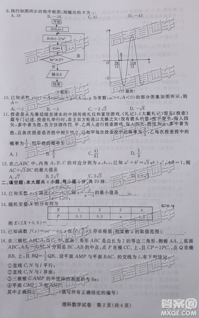 2019年高三汕尾三模文理數(shù)試題及參考答案