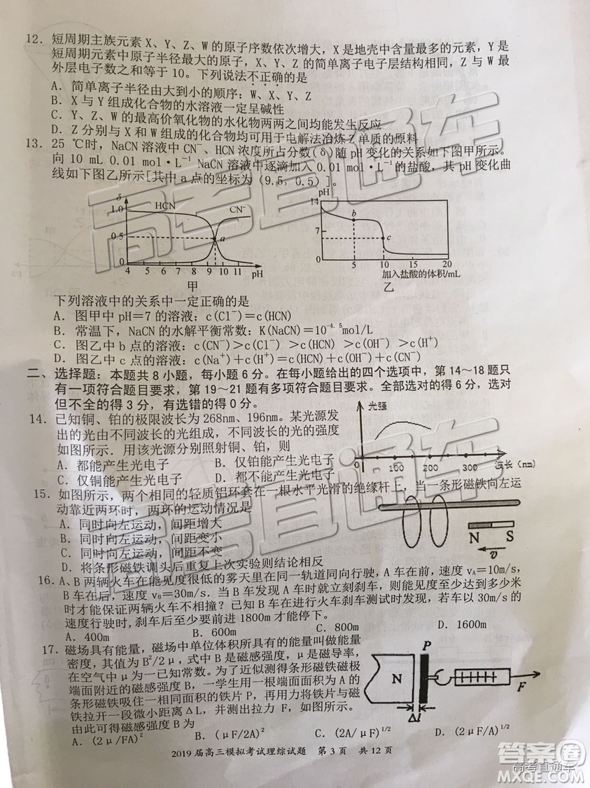 2019年惠州一模理綜試題及參考答案