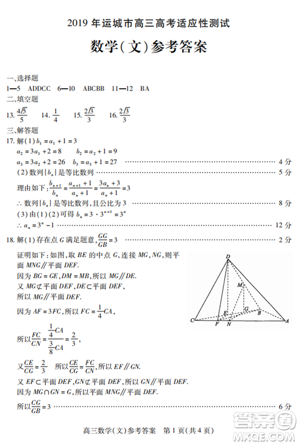 2019年運(yùn)城市高三高考適應(yīng)性測(cè)試文理數(shù)試卷及答案