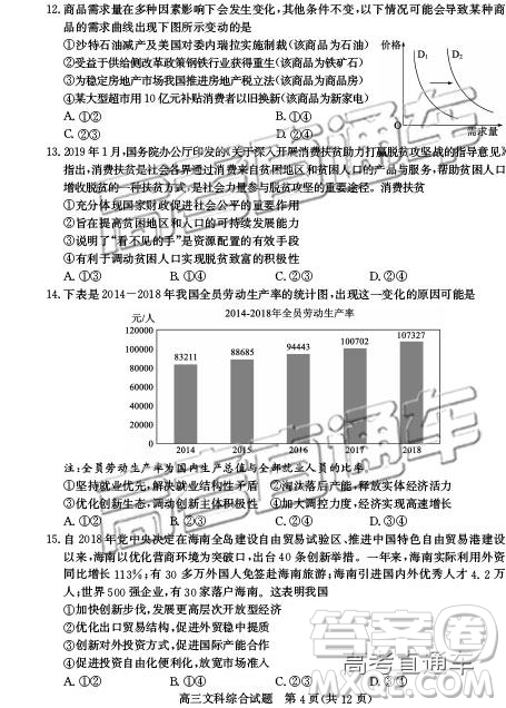 2019年德州二模文理綜試題及參考答案