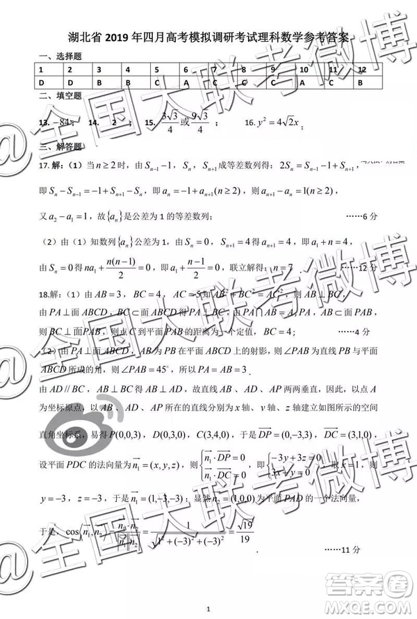 湖北省2019年四月高考模擬調(diào)研考試文理數(shù)答案解析