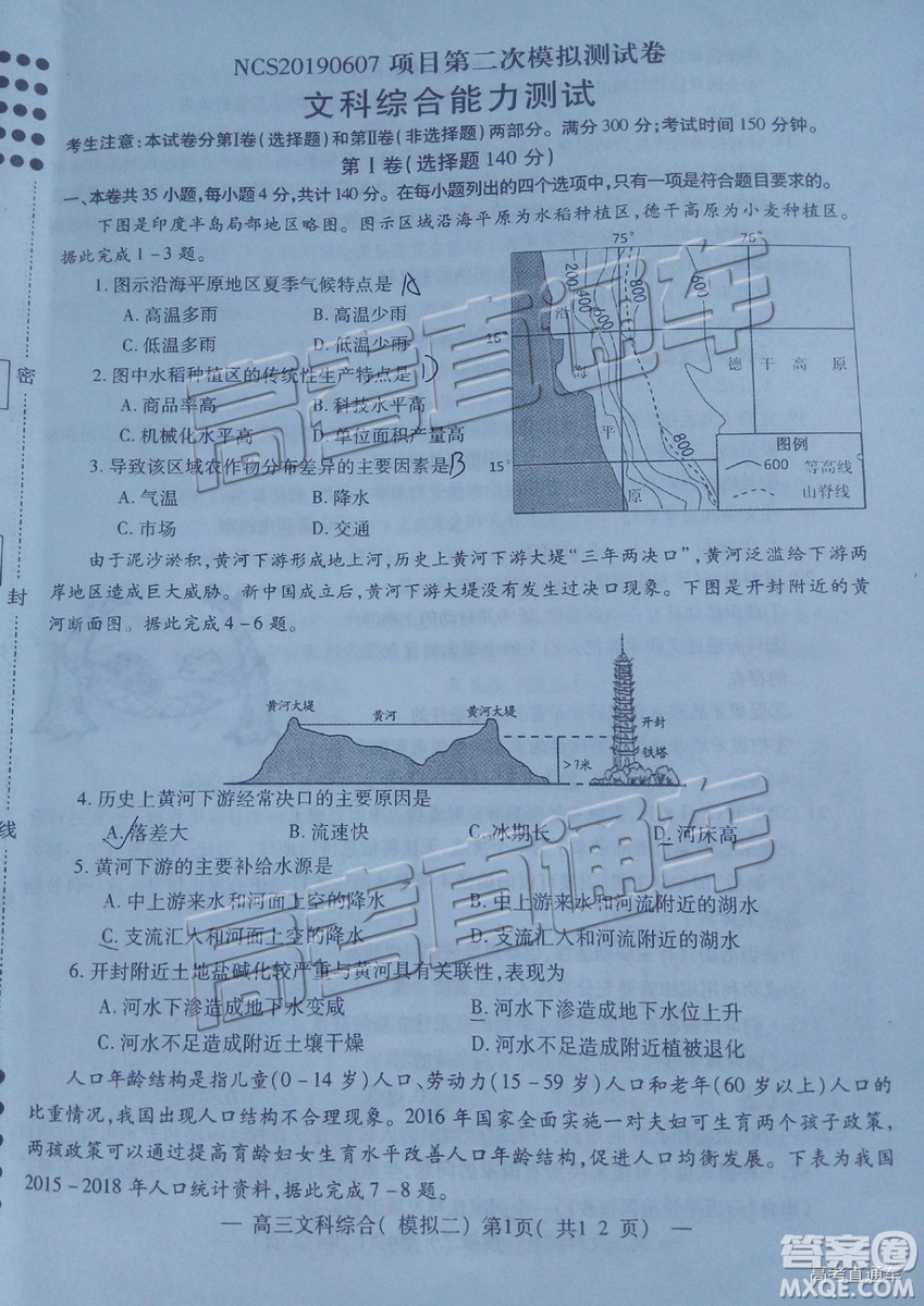 2019年南昌二模文理綜試題及參考答案