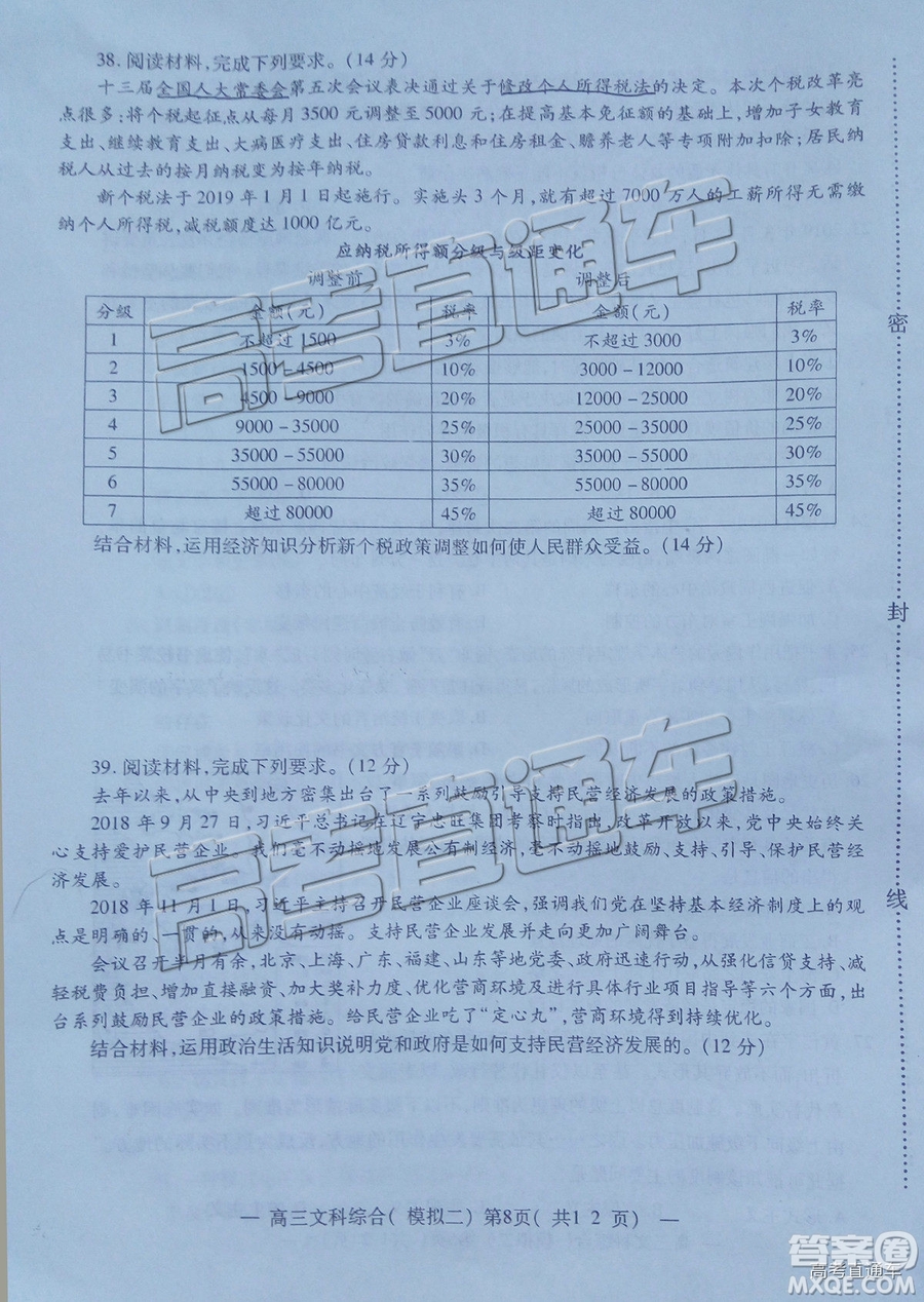 2019年南昌二模文理綜試題及參考答案