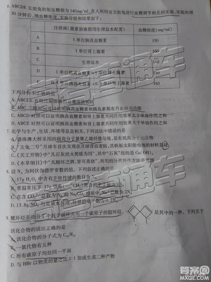 2019年南昌二模文理綜試題及參考答案